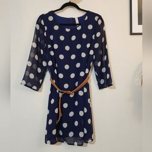 Pink Owl Womens S Navy Blue Polka Dot Chiffon Shift Dress with Braided Belt